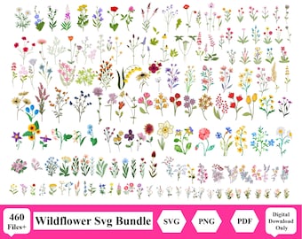 Op de afbeelding: Een bundel met meer dan 460 wilde bloemen SVG-bestanden. De afbeelding toont een verscheidenheid aan kleurrijke wilde bloemen, waaronder madeliefjes, klaprozen en blauwe bellen. De bestanden zijn beschikbaar in de formaten SVG, PNG en PDF.