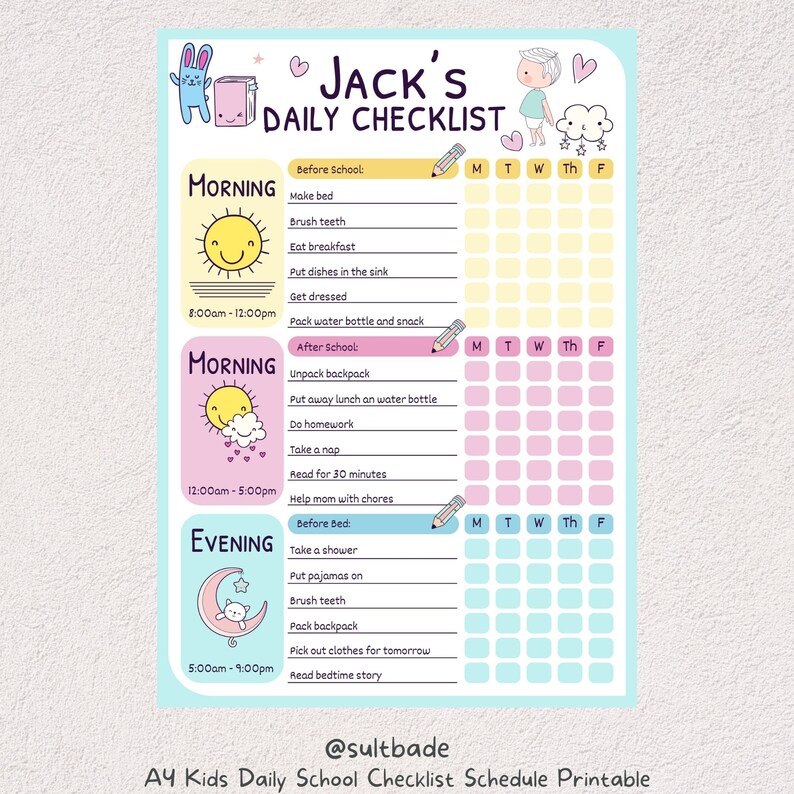 Kids Daily School Checklist Schedule Printable, Rainbow Daily Planner ...