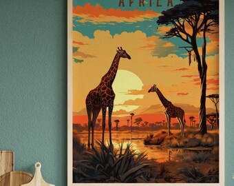 African Giraffe Sunset Landscape Poster, Safari Wildlife Art Print (Digital Download)