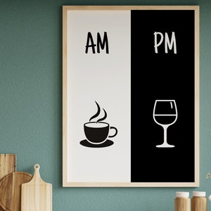 Väggkonst utskrivbar, kaffe- och vinposter, väggdekoration för kök, rolig kökstryck, present till kaffeälskare, konst för vinälskare