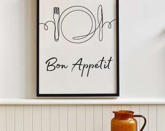 Bon Appetit Kitchen プリント、ミニマルな線画ポスター（デジタルダウンロード）