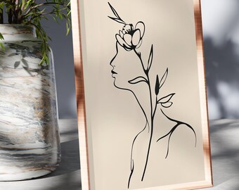 線画の女性のイラスト（印刷可能）、植物画風の顔のイラスト、抽象的な女性のポスター（デジタルダウンロード）