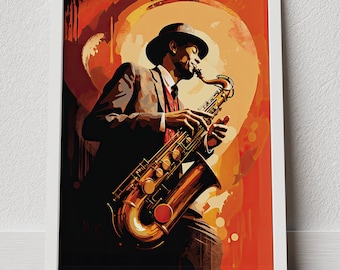 Jazz Saxophone Player Print, Vintage Music Wall Art, Retro Soul Musician Illustration, Mid Century Home Bar Canvas