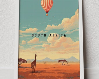 South Africa Retro Travel Print, Vintage Safari Landscape Art, Giraffe Savanna Wall Decor, Boho Nursery Graphic