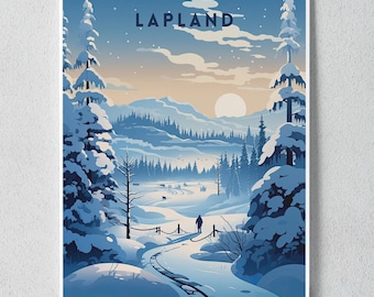 May include: A framed art print featuring a winter landscape scene. The artwork depicts a snowy path winding through a forest, with snow-covered trees and mountains in the background. The word "LAPLAND" is printed at the top. The color palette is primarily blue and white.