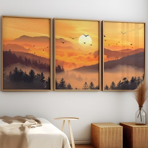 Sunset Mountain Wall Art Set of 3 Printable, Nature Landscape Triptych, Warm Sunset Forest Poster Set