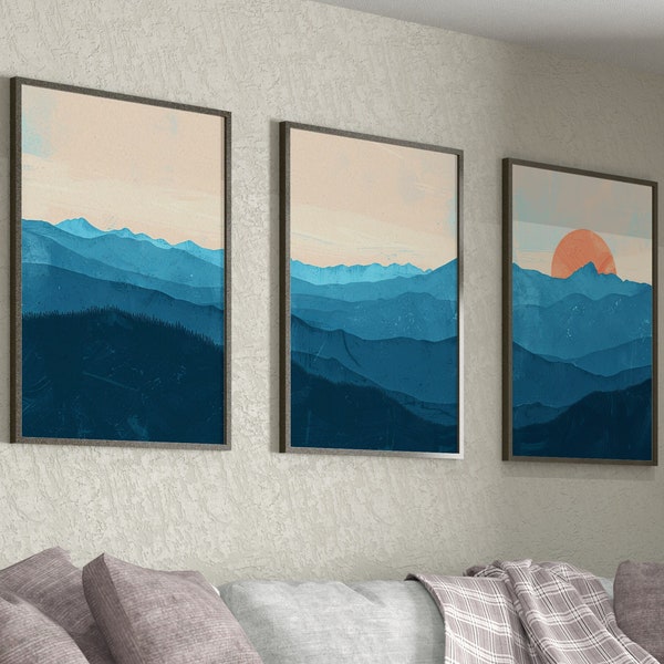 3 Piece Wall Art, Blush Blue Prints, Mountains Wall Art, Girly Wall Art, Triptych Wall Art,Blue Mountain Poster,Nature prints Blue panoramic