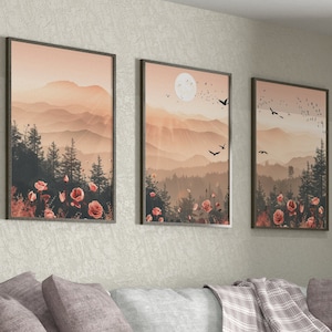 3 Piece Wall Art, Blush Pink Prints, Mountains Wall Art, Girly Wall Art, Triptych Wall Art,  Pastel Pink Landscape, Abstract Landscape