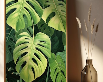 Lámina decorativa de hoja de monstera para imprimir, póster botánico tropical, lámina de plantas verdes, decoración de pared de la jungla, arte botánico moderno, arte de pared de la naturaleza.