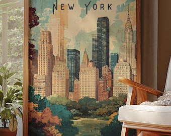 Vintage New York-affisch | Konst med Central Park NYC | Retro stadssilhuetttryck | Väggdekorationer för resor | Utskrivbar digital nedladdning