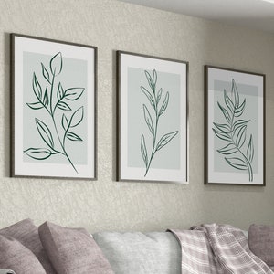 Zestaw 3 liści botanicznych, minimalistyczne rośliny boho, neutralna zielona linia kwiatowa dekoracja ścienna, wydruki boho, sztuka ścienna boho, sztuka ścienna z kwiatami