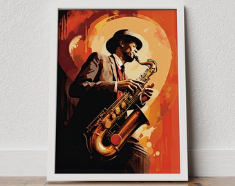 Saxophone Poster, Jazz Player Poster, Retro music poster, Blues music poster, saxophone player art, saxophone wall art, jazz poster, digital