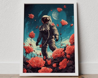 Astronaut in the flowers, Astronaut Poster Print, Space poster, Surreal Art, Space poster wall decor, Astronaut roses, retro space poster