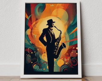 Saxophone Poster, Jazz Player Poster, Retro music poster, Blues music poster, saxophone player art, saxophone wall art, jazz poster, digital