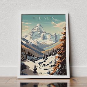 Impresión de viaje de los Alpes, póster de los Alpes, arte de pared, póster vintage de Austria, póster de viaje, póster de Europa, Alpes bávaros, póster de viaje de Francia, Les Alpes