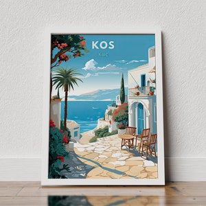 Póster de viaje de Kos, arte mural de Kos, isla de Kos, Grecia, ilustración, impresión de lugar famoso, póster de viaje colorido, póster de viaje de Grecia, digital