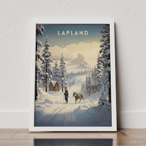 Lapland Travel, Lapland Poster, Finland Poster, Lapland Print, Finland Travel Poster,Retro art print, Scandinavian landscape,Snowy mountains
