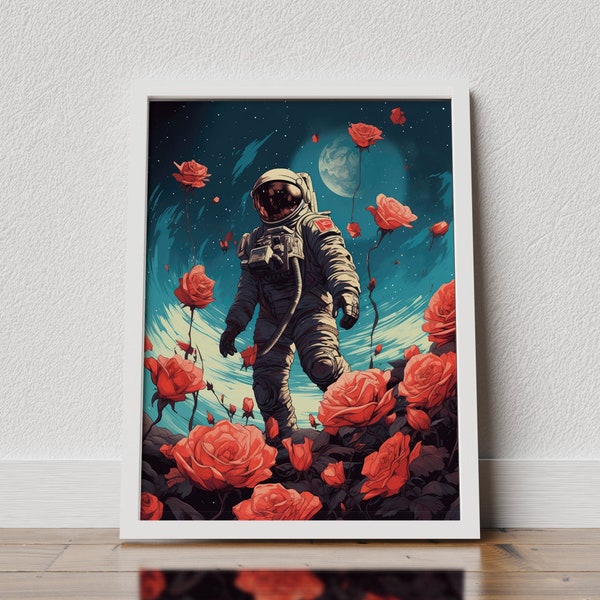 Astronaut in the flowers, Astronaut Poster Print, Space poster, Surreal Art, Space poster wall decor, Astronaut roses, retro space poster