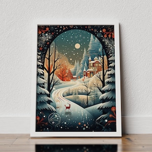 Vintage christmas wall art,  Christmas decorations, xmas home decor, Snowy Village Digital Print, winter art, xmas poster, christmas print