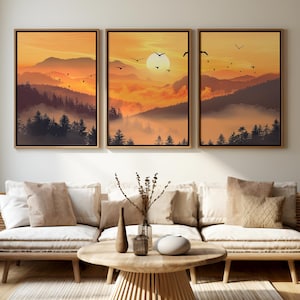 Mountain Sunset Triptych, Set of 3 Misty Forest Prints, Warm Earthy Tone Landscape, Nature Silhouette Art, Sunset Mountain Wall Art Set