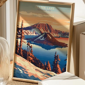 Crater Lake Poster, Crater Lake National Park, Travel Poster, Crater Lake Print, Travel Art Gift, Oregon National Park Poster, Vintage art