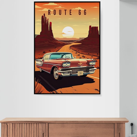 Route 66 Vintage Car Poster, Desert Road Trip Wall Art (digital