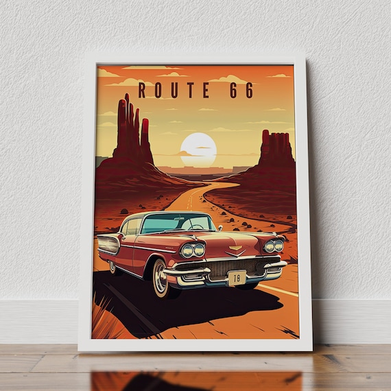 Route 66 Vintage Travel Print, Classic Retro Car Wall Art