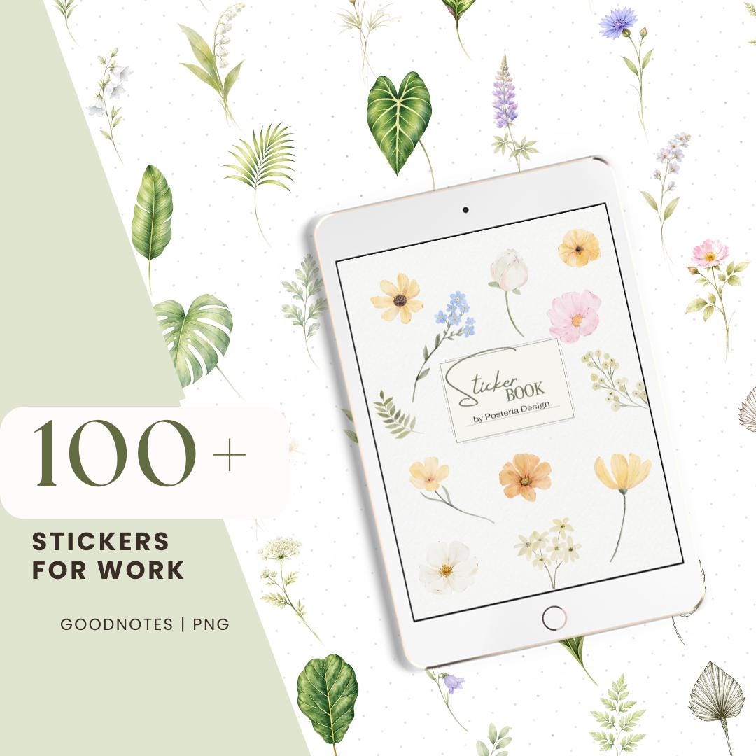 Botanical Digital Stickers, Watercolor Florals, Line Art Leaves ...