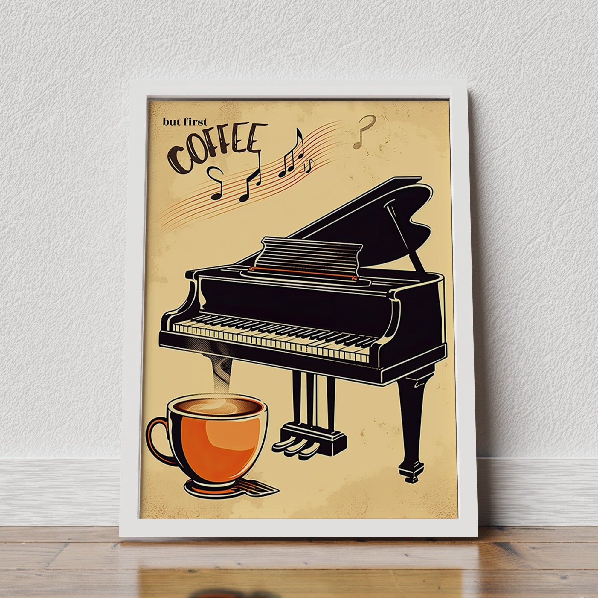 Poster But First Coffee Piano : oeuvre d'art murale de cuisine rétro (téléchargement numérique)