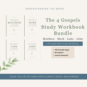 Könnte beinhalten: Ein digitales Paket aus vier Bibelarbeitsheften mit den Titeln The Gospel of Matthew, Mark, Luke und John. Der Text enthält 709 druckbare Seiten, 89 Kapitel und den Satz Study the life of Christ with clarity, depth, and purpose.