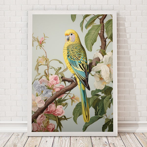 Budgie, Chinoiserie Bird, Digital Download, Home Decor, Gift, Bird Lover, Wall Art, Printable Poster, Flower Digital Art, Budgie Painting