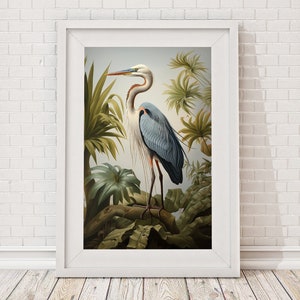 Audubon Style, Heron, Digital Download, Green, White, Blue, Home Decor, Gift, Bird Lover, Wall Art, Printable Poster, Plants, Digital Art,
