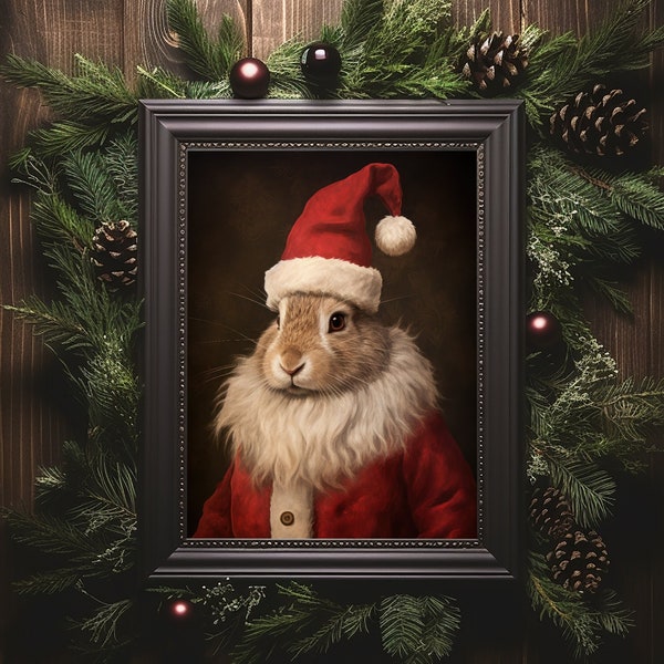 Christmas Rabbit Vintage Portrait, Pet Painting, Animal Portrait, Animal Head, Human Body Funny Rabbit Poster, Rabbit Art Print, Digital