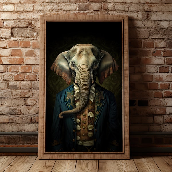 Elephant Vintage Portrait, Pet Painting, Renaissance Animal Portrait, Animal Head, Human Body Regal Animal Poster, Digital Art Print
