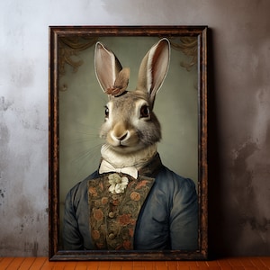 Rabbit Vintage Portrait Pet Painting, Victorian Animal Portrait, Animal Head, Human Body Funny Poster, Digital Art Print, Country Flowers.