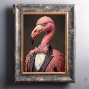 Flamingo Vintage Portrait, Pet Painting, Renaissance Bird Portrait, Animal Head, Human Body Regal Animal Poster, Digital Art Print
