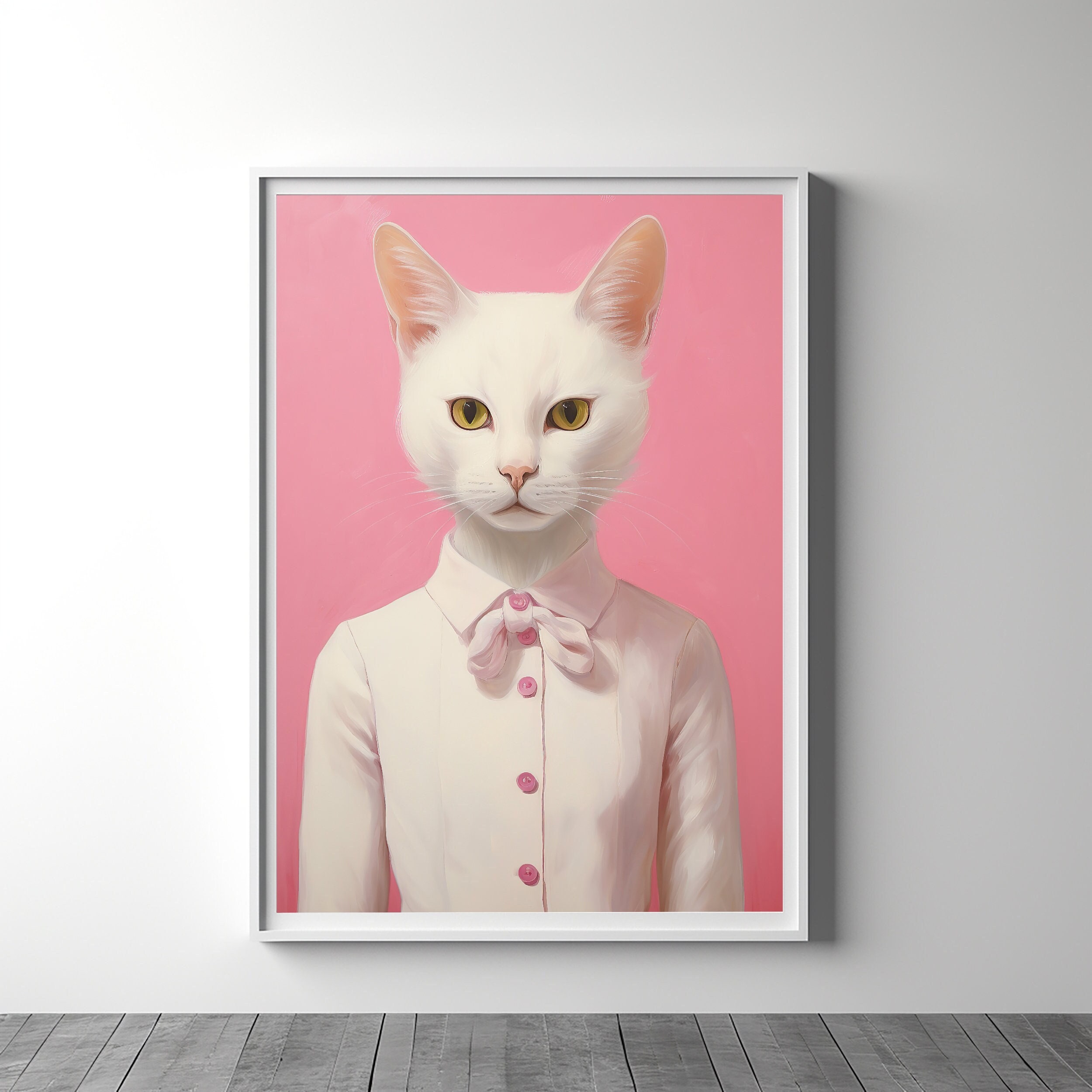 White Cat Portrait, Barbie, Painting, Animal Portrait, Animal Head, Human Body Funny Cat Poster, Digital Art Print, DIGITAL DOWNLOAD.