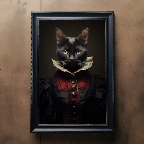 Gothic Black Cat Vintage Portrait, Pet Painting, Renaissance Animal Portrait, Animal Head, Human Body Funny Cat Poster, Halloween Art Print