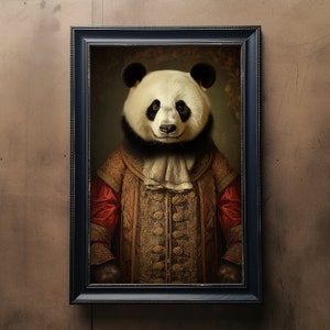 Panda Vintage Portrait, Pet Painting, Renaissance Animal Portrait, Animal Head, Human Body Panda Poster, Panda Digital Art Print