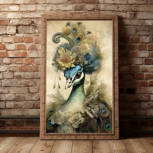 Peahen, Peacock Vintage Portrait, Pet Painting, Renaissance Bird Portrait, Animal Head Human Body, Regal Animal Poster, Digital Art Print