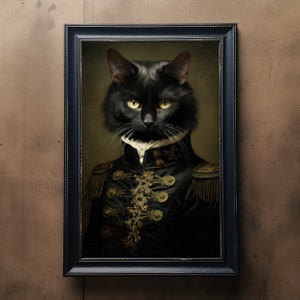 ヴィンテージ黒猫の肖像画、ペットの絵画、ルネッサンスの動物の肖像画、動物の頭、人間の体の面白い猫のポスター、ハロウィーンのデジタルアートプリント