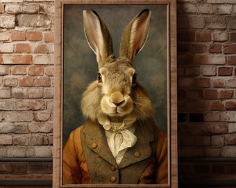 Hare Vintage Portrait, Pet Painting, Renaissance Animal Portrait, Animal Head, Human Body Funny Poster, Digital Art Print