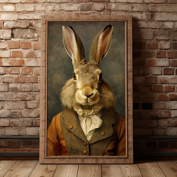 Hare Vintage Portrait, Pet Painting, Renaissance Animal Portrait, Animal Head, Human Body Funny Poster, Digital Art Print