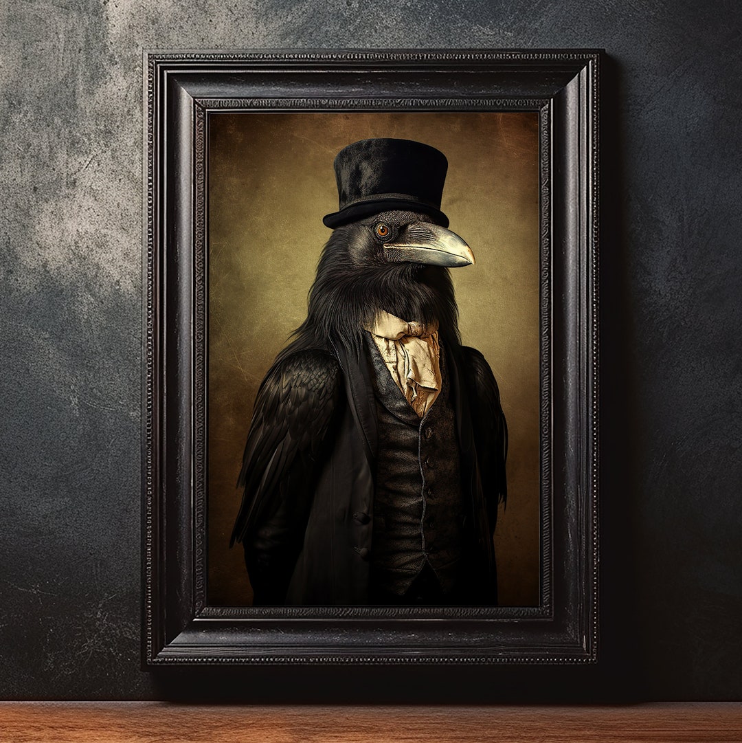 Gothic Crow Vintage Portrait, Pet Painting, Vintage Animal Portrait