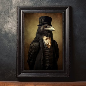 Gothic Crow Vintage Portrait, Pet Painting, Vintage Animal Portrait, Animal Head, Human Body Funny Bird Poster, Digital Art Print