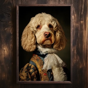 Cockapoo Vintage Portrait, Pet Painting, Renaissance Animal Portrait, Animal Head, Human Body Quirky Dog Poster, Digital Art Print