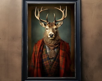 Stag Vintage Tartan Portrait, Pet Painting, Renaissance Animal Portrait, Animal Head, Human Body Funny Poster, Digital Art Print