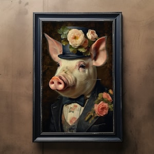 Pig Vintage Portrait, Pet Painting, Renaissance Animal Portrait, Animal Head, Human Body, Funny Poster, Digital Art Print