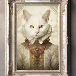 White Cat Vintage Portrait, Pet Painting, Renaissance Animal Portrait, Animal Head, Human Body Funny Cat Poster, Vintage Art Print