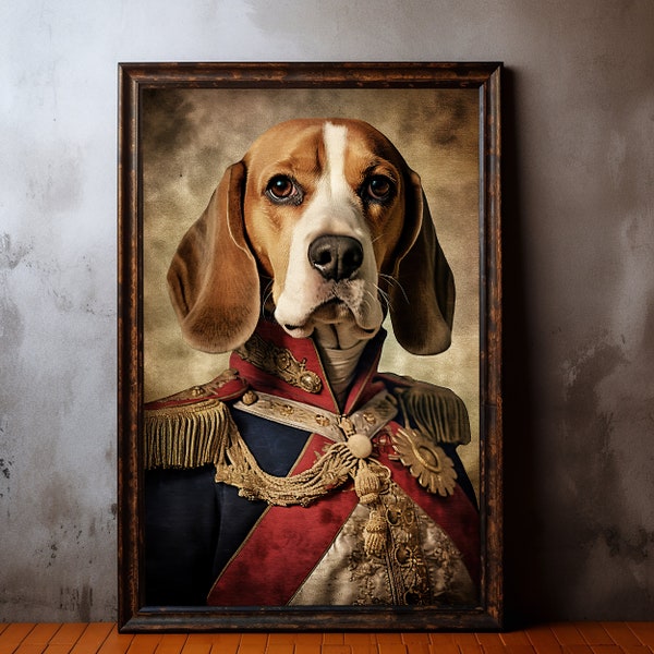 Portrait vintage de Beagle, peinture pour animaux de compagnie, Portrait animalier de la Renaissance, tête d'animal, affiche drôle de corps humain, impression numérique, art de chien